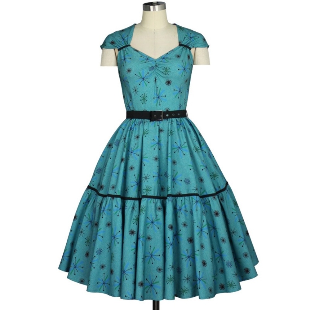 Atomic Pin Up Cap Sleeve Retro Teal Swing Dress w Pockets and Belt Sz XL